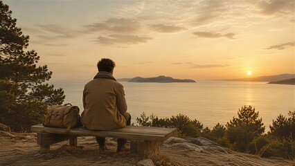 Fototapeta premium Man sitting on bench overlooking ocean at sunset. Solo traveler relaxing during off season trip. Peaceful contemplation in autumn landscape. Adventure, freedom and nature exploration.