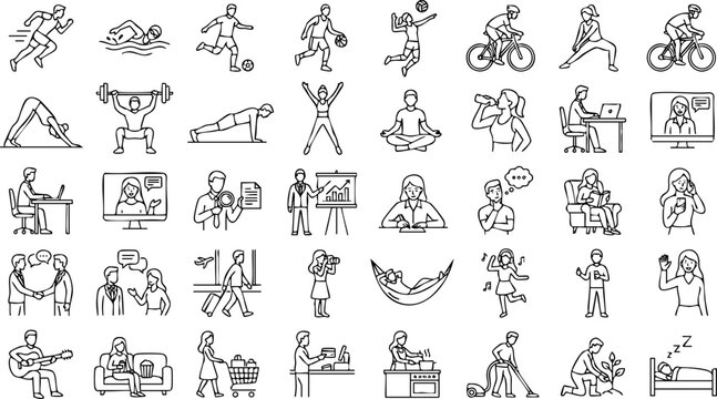 Lifestyle and daily activities doodle style icon collection with lifestyle activity exercise wellness