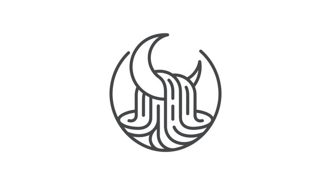Minimalist crescent moon and waterfall circular logo design.