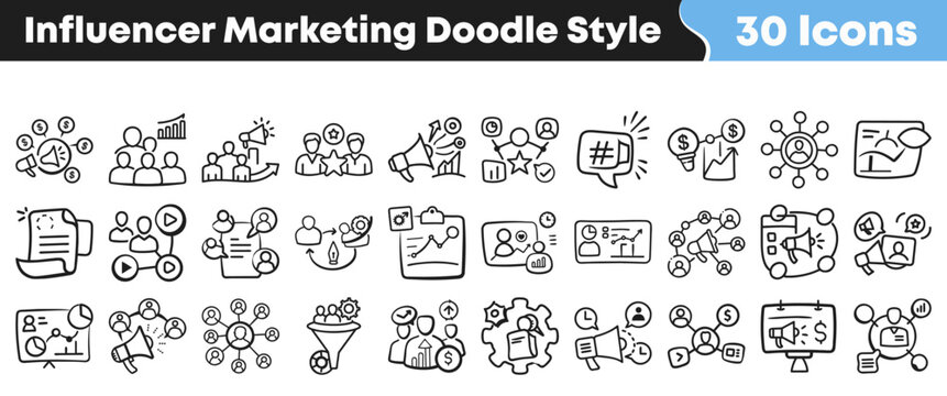 Hand drawn doodle style icons for influencer marketing social campaigns