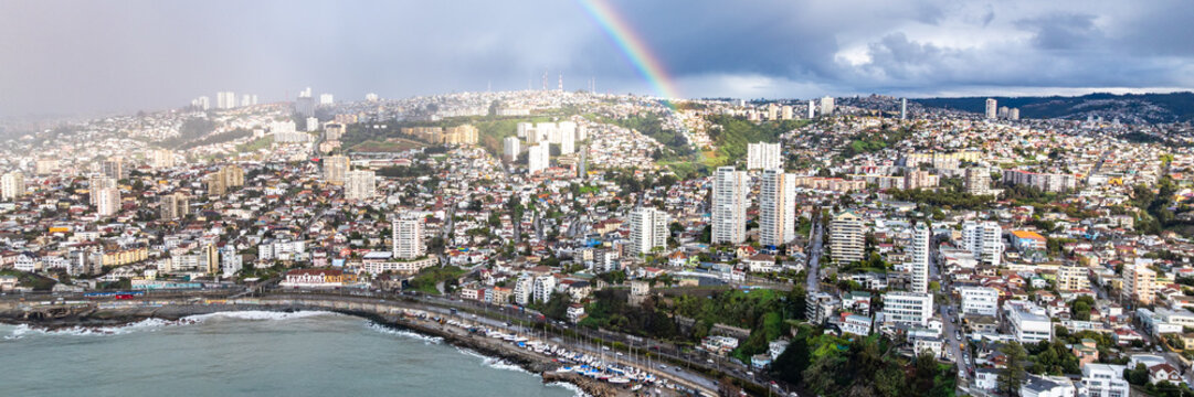 Vina del Mar in Chile with a rainbow. Beautiful aerial image of the coastline. Aerial view.