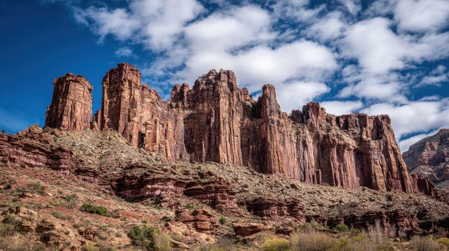 Immense desert canyon walls sculpted by millennia of erosion beneath a dramatic cloudy sky