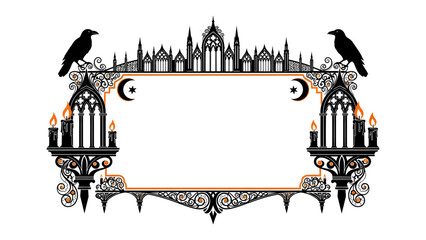 Gothic Halloween Frame with Ravens and Candles: A dark and ornate gothic frame perfect for Halloween or mysterious themes, featuring silhouetted ravens, crescent moons, arched windows. © abidakhatun