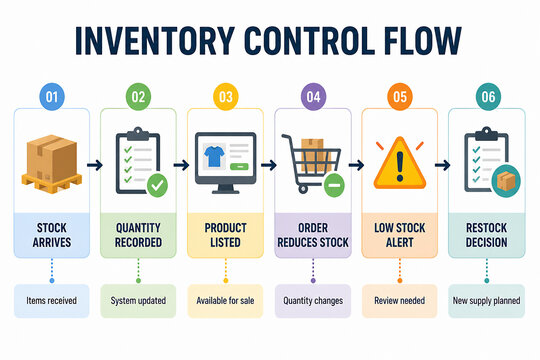 An infographic illustrates the six steps of an inventory control flow process from stock arrival to restocking decision.