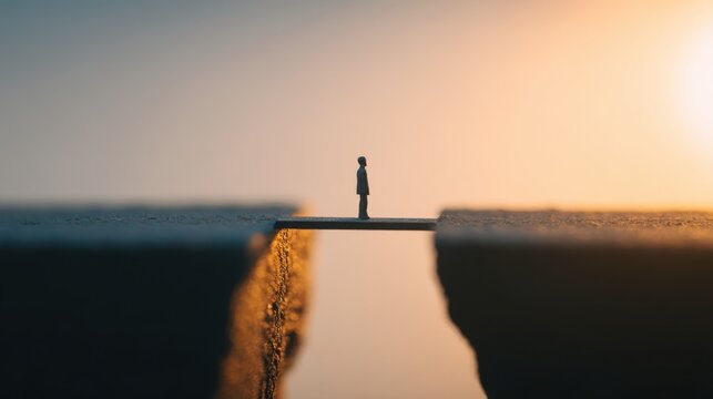 A tiny silhouette of a person standing on a narrow bridge, facing a vast expanse under a warm, glowing sky. The image evokes a sense of solitude, challenge, and contemplation.