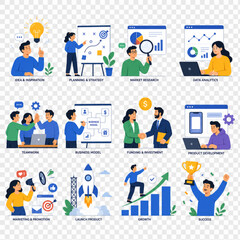 Fototapeta premium Business Strategy Infographic: A comprehensive visual representation of the business lifecycle, from idea generation to successful product launch and growth, highlighting key stages like planning.