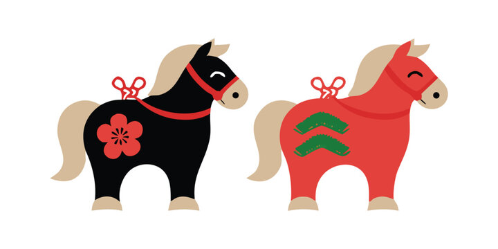 Black and red traditional Dala horse vector illustration pair with smiling faces.