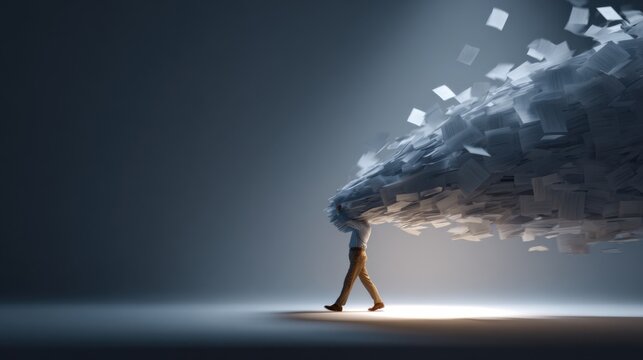A person struggles to carry a huge pile of papers. The papers are falling from the top and crushing the person. The background is dark and moody.
