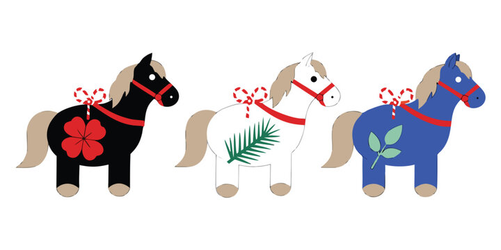 Three colorful Dala horse vector illustrations in Scandinavian folk art style.