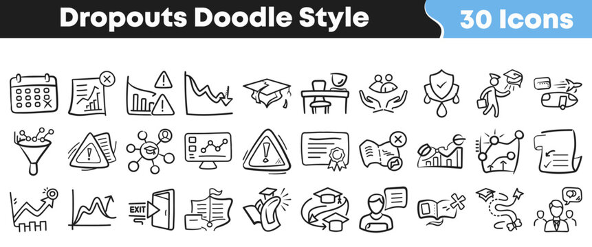 Set of thirty hand drawn doodle style education dropouts icons