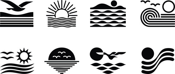 Collection of minimalist sea and sun icons simple vector symbols for travel and nature themes isolated on white © aftab