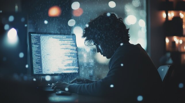 Person coding on computer night scene