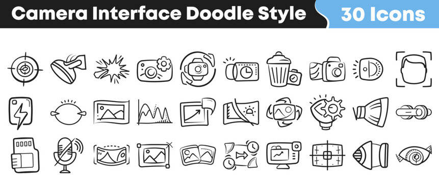 Collection of various hand drawn camera interface icons in doodle style