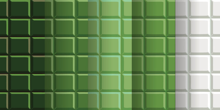 Green ceramic mosaic tiles seamless pattern set, 3D square subway tile texture background for kitchen and bathroom interior design.