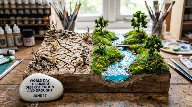 Diorama of contrasting desertification and green land with glowing river and 'WORLD DAY TO COMBAT DESERTIFICATION AND DROUGHT JUNE 17' message