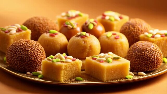 Assorted traditional Indian sweets beautifully arranged on a decorative plate. Celebrating culture, festivals, and culinary heritage