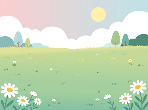 Cute Summer Meadow Flat Landscape Illustration for Nursery Background Pastel Aesthetic