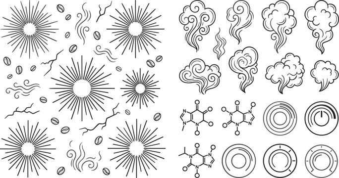 Coffee Roasting and Caffeine Chemistry Abstract Element Set with Retro Sunburst Steaming Vapor Swirls Molecular Structures and Knob Dial Interfaces