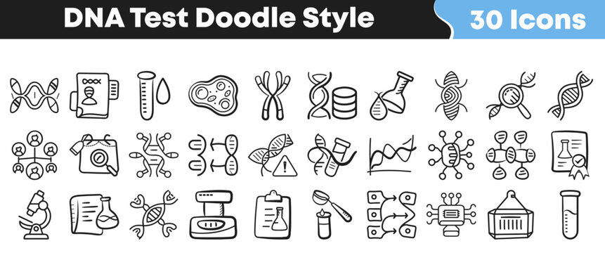 Thirty hand drawn dna test icons in simple doodle style