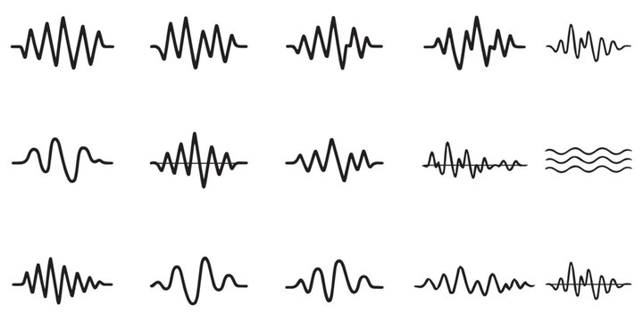 Digital soundwave collection with 20 audio frequency icons, gray scale music equalizer bars and voice recording signals, modern sonic vibration waveforms for podcasting and music production