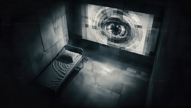 Giant digital eye projected on wall above prison bed. Dystopian surveillance state concept representing artificial intelligence control fear, paranoia and lack of human privacy in future.