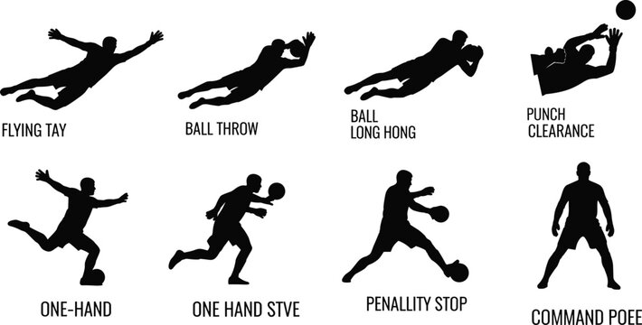 Soccer Goalkeeper Saves and Football Keeper Actions Silhouette Icons Set