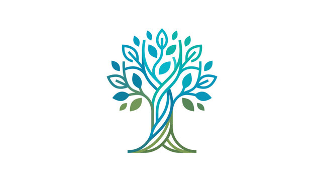 Abstract stylized tree illustration with intertwined branches and colorful leaves.