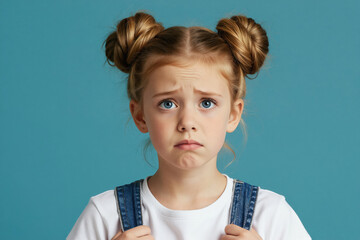 Fototapeta premium Young girl with blonde hair in buns looks confused with worried expression. Child has blue eyes and furrowed brow. She wears blue denim overalls over white t shirt against teal background.
