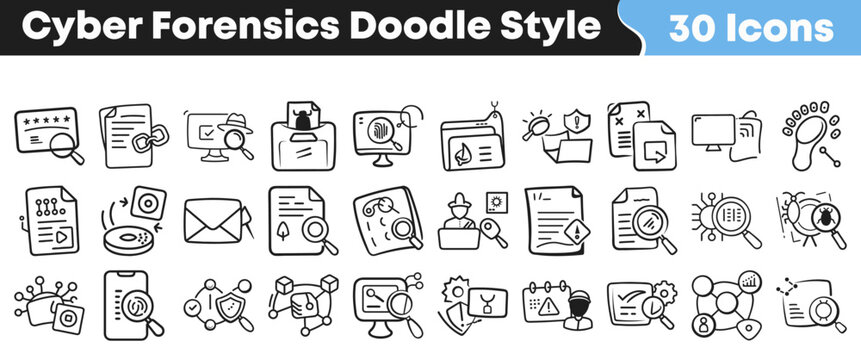Hand drawn collection of various cyber forensics icons in doodle style