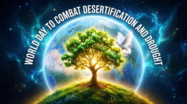 World day to combat desertification and drought with glowing tree and earth illustration