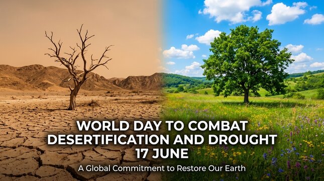 Environmental contrast, desertification vs lush landscape, World Day to Combat Desertification and Drought