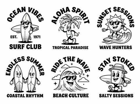Collection of six vintage cartoon style surfing emblems featuring cute characters with bold typography designs