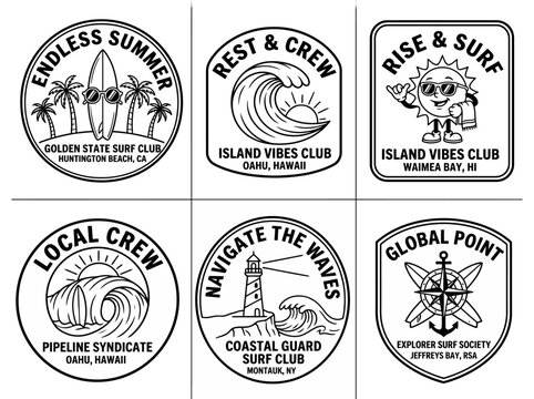 Six vintage style circular and square surf club emblems featuring black and white vector line art