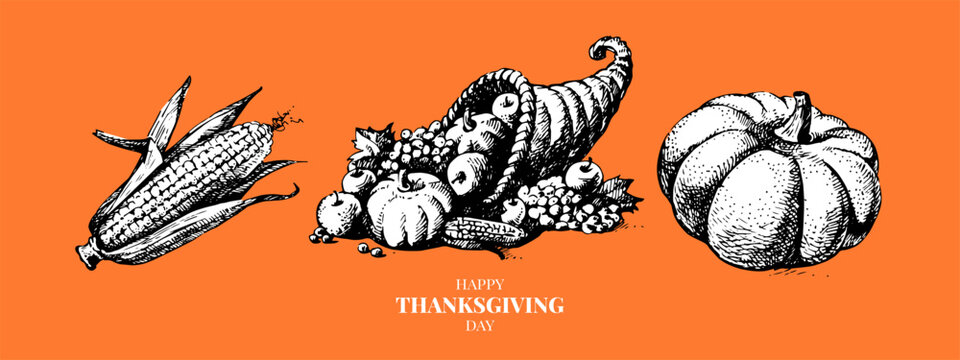 Thanksgiving vintage hand drawn sticker set. Traditional holiday collage elements for greeting design. Retro sketch vector illustration.