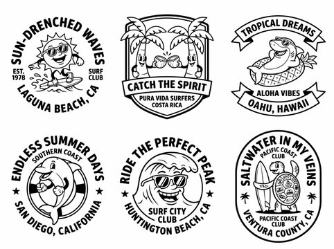 Set of six vintage surfing emblems featuring cartoon characters like sharks dolphins and happy suns