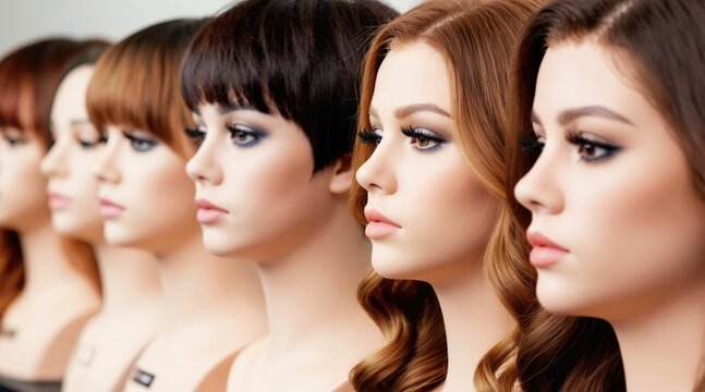 Line of mannequin heads display various wigs in profile. These artificial hairpieces show different colors and styles in store. Options for hair change and fashion.