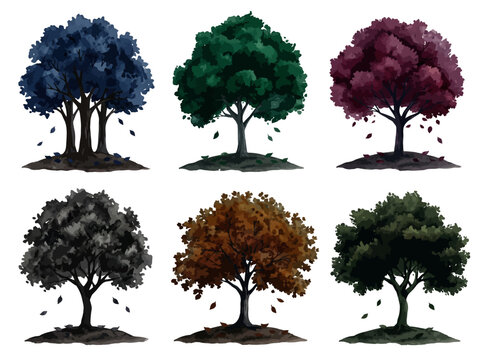 Artistic collection of six decorative watercolor trees featuring vibrant seasonal colors and detailed organic textured foliage