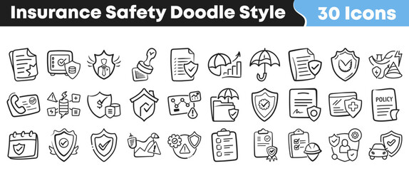 Set of black and white insurance safety icons doodle style © Vectoravec