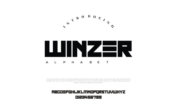 WINZER Sports modern urban alphabet font. Digital abstract futuristic, logo, music, sport, minimal technology typography. Simple numeric vector illustration