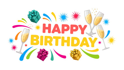 Birthday Celebration Graphic: Festive elements like colorful confetti, sparkling champagne flutes, and wrapped gifts surround the cheerful Happy Birthday text. © abidakhatun