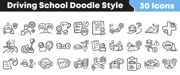 Set of thirty hand drawn driving school themed doodle icons © Vectoravec