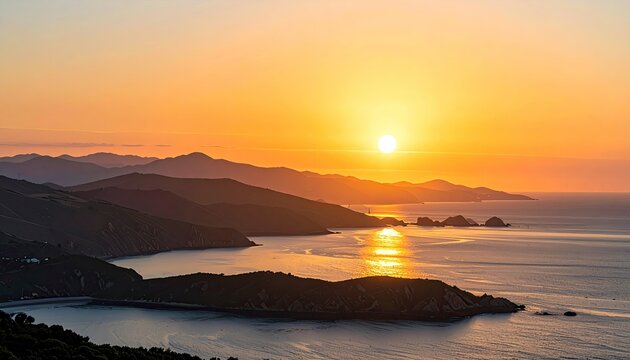 Serene Sunset Over Coastal Mountains and Ocean Bay.