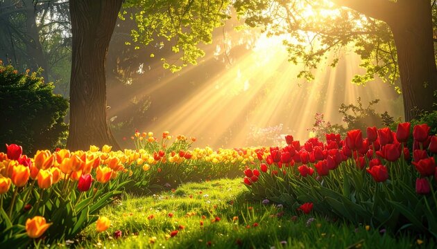 Sunbeams illuminate a vibrant tulip garden in full bloom.
