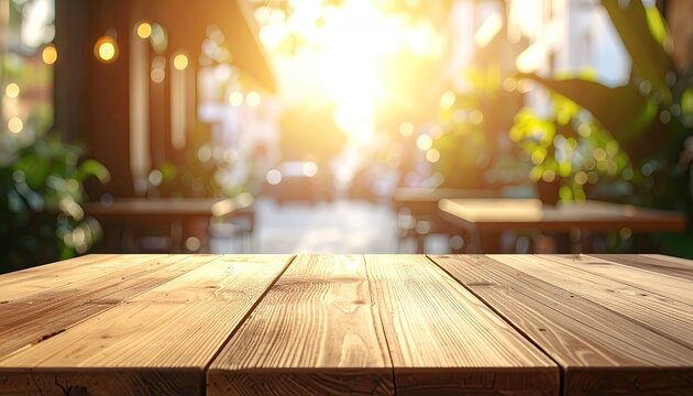 Wooden Table Surface with Blurred Outdoor Cafe Ambiance at Sunset.