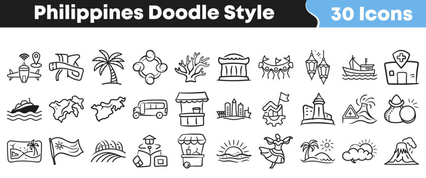 Set of hand drawn doodle icons representing culture of Philippines