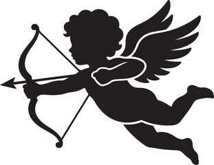 Obraz premium Whimsical black silhouette of a cherub in flight holding a bow and arrow, cupid vector graphic design for love, romance, valentine's day, and mythology themed creative projects.