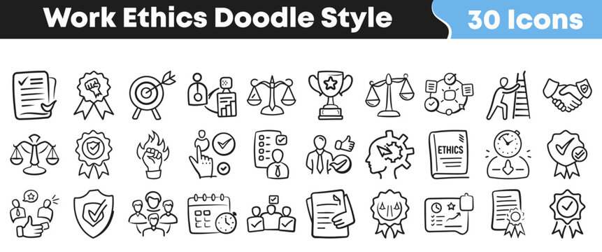 Hand drawn collection of business work ethics doodle style icons