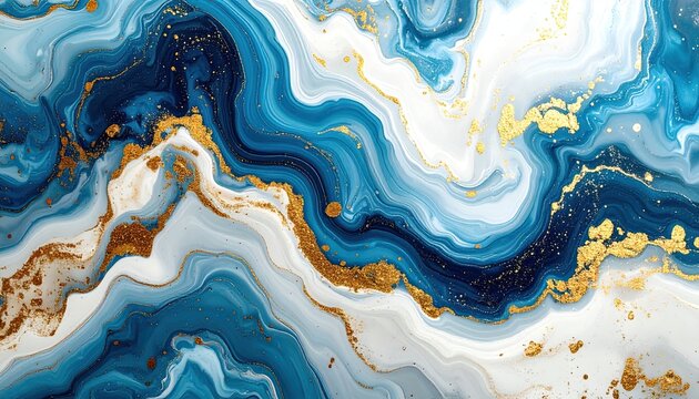 Abstract Blue and Gold Swirling Marble Texture Background.