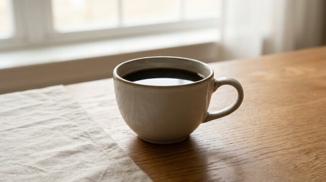 White Ceramic Cup of Black Coffee on Wooden Table by Sunlit Window.