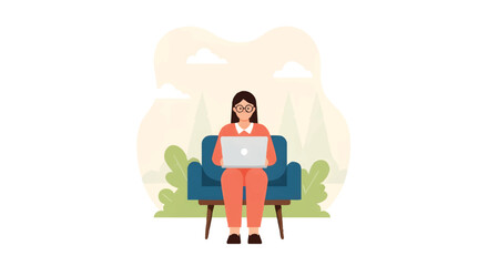 Fototapeta premium Flat Vector Illustration of a Woman Working on a Laptop Outdoors in a Comfortable Armchair - Remote Work Concept